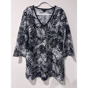 Mario Serrani Italy Womens Large Black White Palm Leaf Tunic V-Neck Coverup